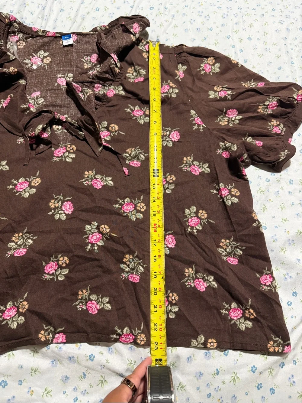 Old Navy Brown Floral Ruffle-Smock Blouse with Pink Rose Print